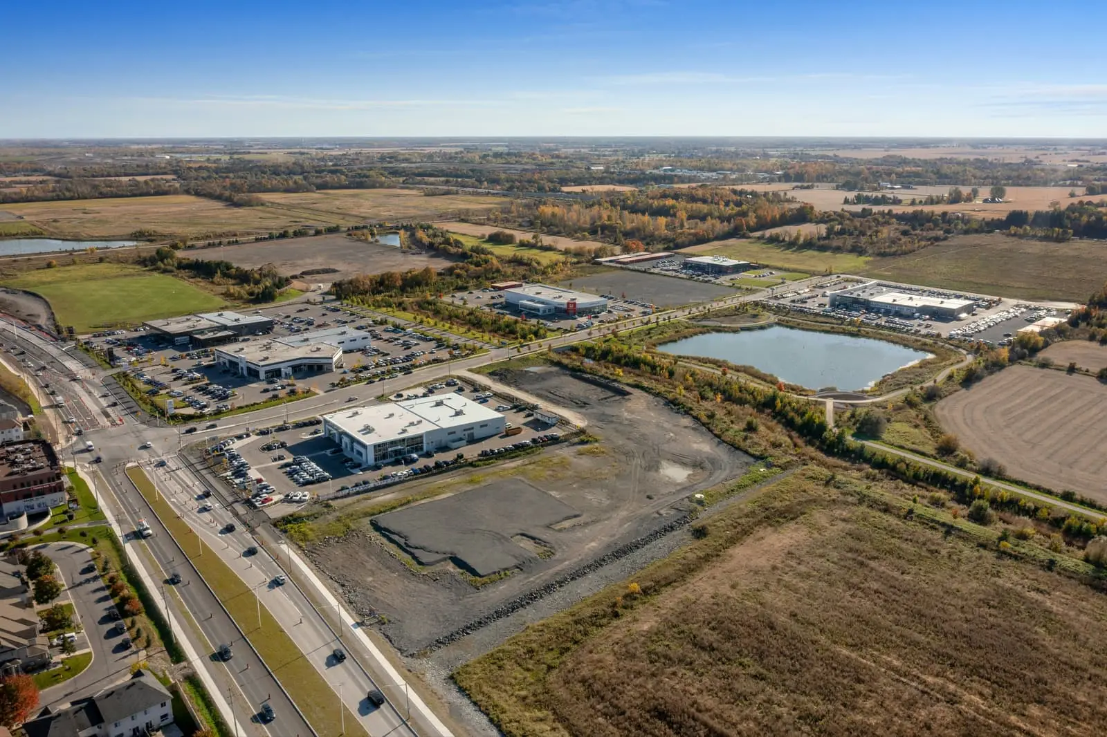Aerial view of a large industrial estate with warehouses and roads